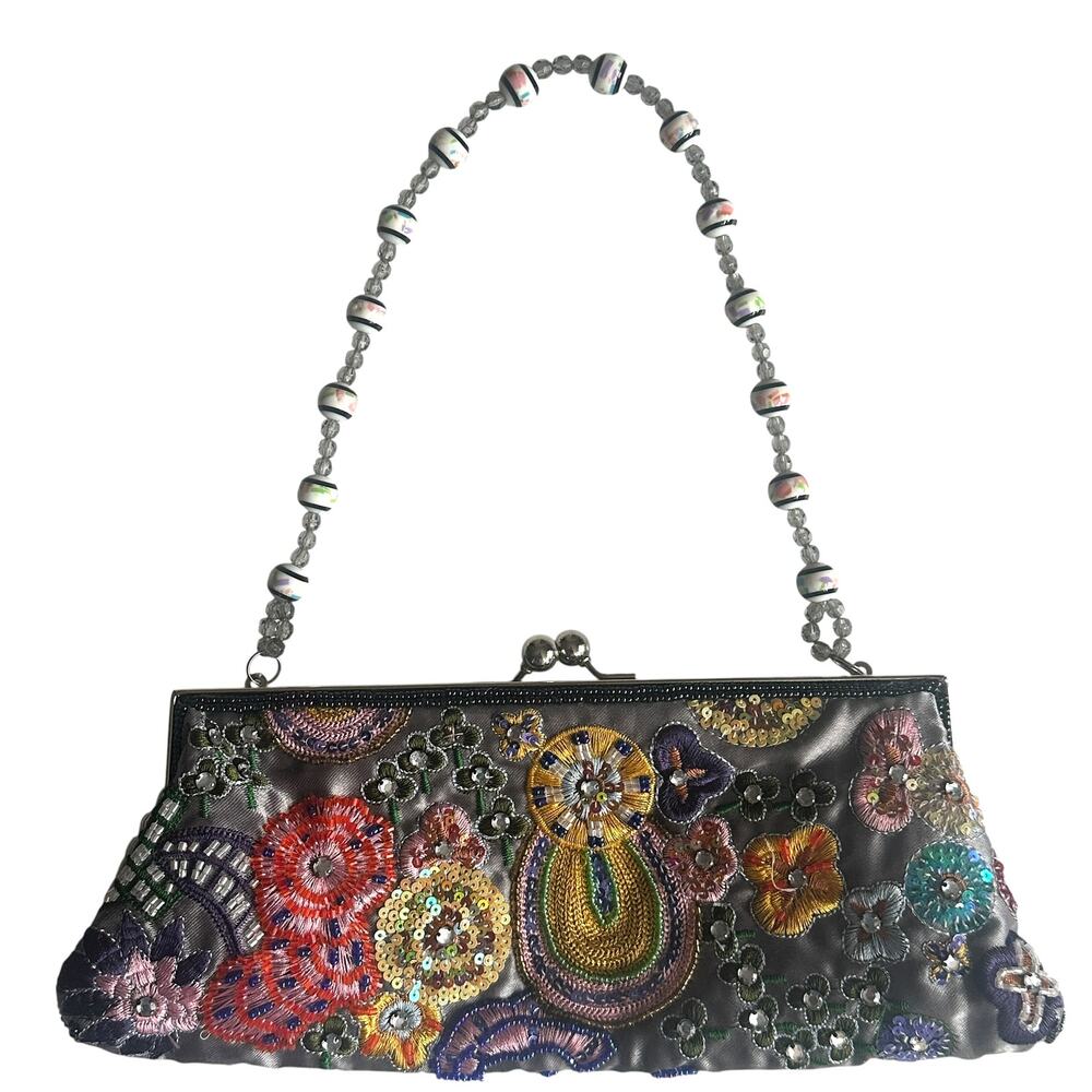 Satin Beaded Kisslock Evening Bag Womens Gray Multicolor Glam Going Out Retro